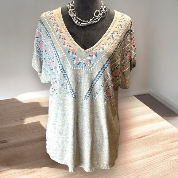 Democracy Gray V-Neck Peasant Boho Cowgirl Top Aztec Southwestern Print Sz Large - Picture 1 of 7